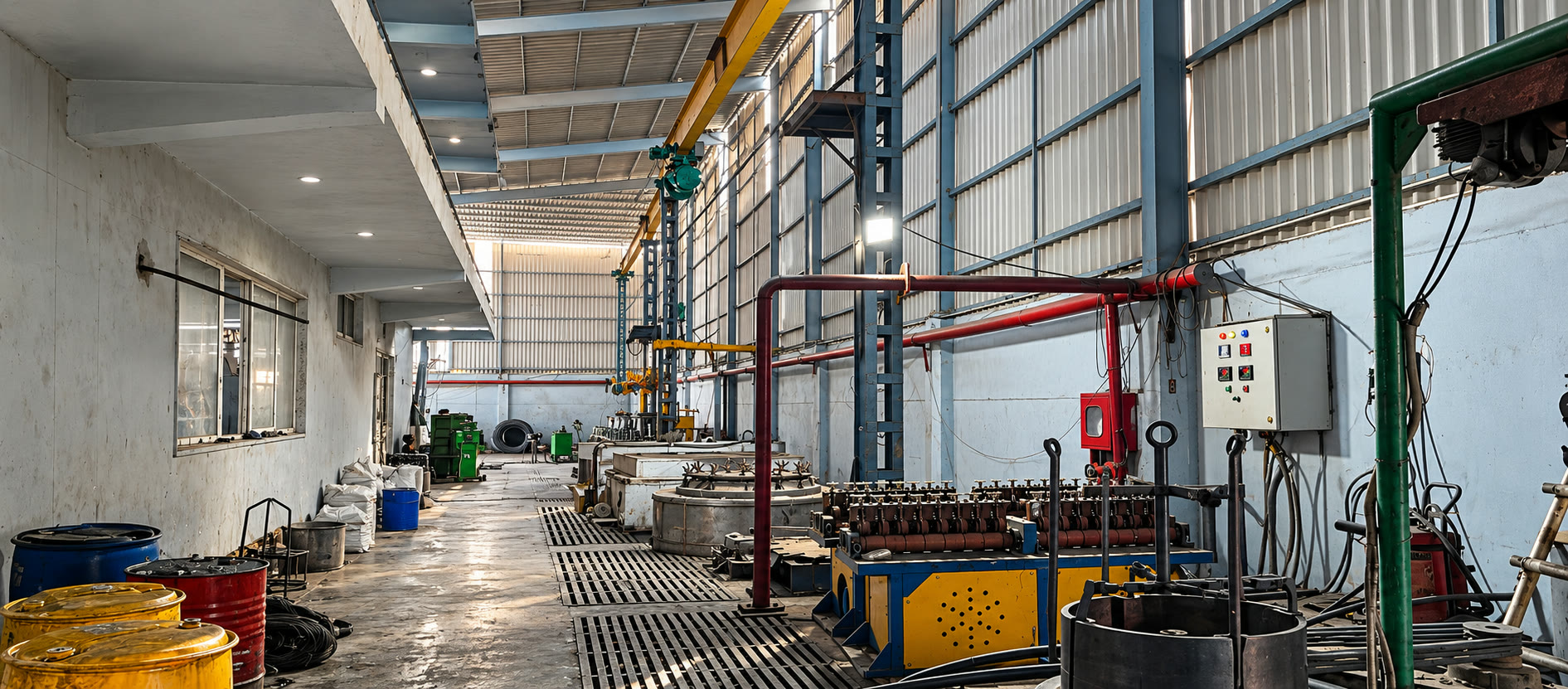 Electroline manufacturing floor with a long central aisle and cable production equipment