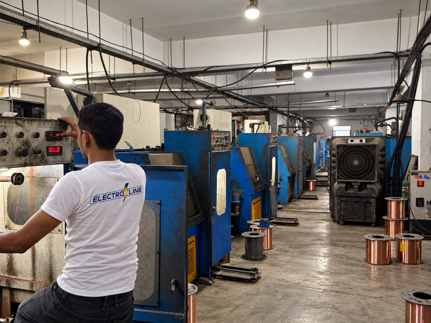 Electroline team member working beside cable manufacturing equipment